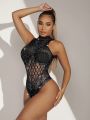 Women's Sexy Hollow Out Rhinestone Decor Bodysuit, Without Underwear