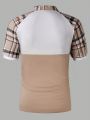 Men's Patchwork Plaid Raglan Short Sleeve Polo Shirt