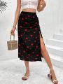 SHEIN VCAY Valentine's Day Women's Half-Skirt With Heart-Shaped Print, Drawstring And Split Hem