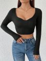 SHEIN PETITE Solid Color Long Sleeve Crop Top T-Shirt