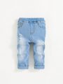 SHEIN Baby Boy Casual Fashion Stretchy & Comfortable Elastic Waist Mid-Rise Light Wash Ripped Jeans Pants