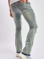 Teenage Boys' New Distressed Vintage Jeans With Patchwork And Frayed Hem, Casual And Stylish