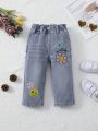 Baby Girls' Light Washed Embroidered Straight Leg Denim Pants