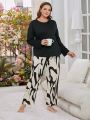 Plus Size Solid Color Top & Color Block Long Pants Set