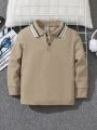 SHEIN Toddler Boys' Casual Comfortable Color Block Knitted Long Sleeve Polo Shirt-Lightweight