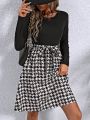 SHEIN LUNE Women'S Houndstooth Patchwork Long Sleeve Dress