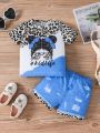 Infant Girls' Stylish And Cool Leopard Character Print Short Sleeve T-Shirt With Faux Denim Print Shorts Set