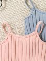 SHEIN Baby Girl Casual Knitted Solid Color Cami Romper 3pcs/Set