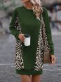 Contrast Leopard Print Thermal Lined Sweatshirt Dress