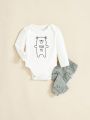 SHEIN Newborn Baby Boys' Cute Bear Pattern Long Sleeve Bodysuit And Footed Pants Set