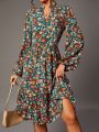 SHEIN Tall Floral Print Notched Neckline Long Sleeve Dress