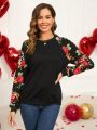 EMERY ROSE Valentine's Day Women Floral Print Drop Shoulder Sweatshirt