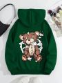 SHEIN Qutie Bear Print Zip Up Drawstring Thermal Lined Hoodie