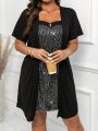 Plus Size Women'S Sparkle Patchwork Short Sleeve Dress