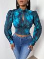 SHEIN SXY Tie-dyed Backless Stand Collar Cropped Shirt With Straps