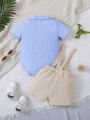 SHEIN Newborn Baby Boy Dinosaur Embroidery Polo Neck Bodysuit & Suspender Shorts