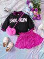Girls Baby Letter Graphic Jacket & Paperbag Waist Pleated Skirt & Bag