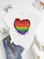 Plus Size Women'S Love Heart & Pentagram Printed Round Neck T-Shirt