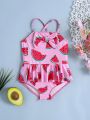 SHEIN Baby Girl Casual Cute Watermelon Pattern Bowknot Decor Strap One-Piece Swimsuit