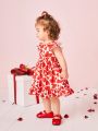 SHEIN Baby Girls' Casual Loose Short Sleeve Heart Pattern Dress