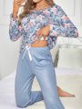Women's Floral Printed Long Sleeve Long Pants Pajama Set