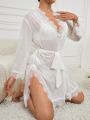 Lace Splicing Women's Robe With Waist Belt