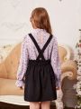SHEIN Girls' Floral Stand Collar Casual Shirt With Puff Sleeves And Solid Color Suspender Skirt 2pcs Outfit