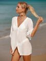 SHEIN Swim Vcay Solid Color Beach Cover-up With Ruffle Sleeves