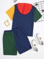 SHEIN Teen Boys' Casual Colorblock Hooded T-Shirt And Shorts Set, Perfect For Summer