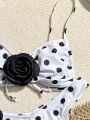 Women'S 3d Flower Decor Random Polka Dot Printed Bikini Set With Swimsuit