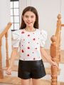 SHEIN Kids SUNSHNE Girls' Knitted Loose Fit Puff Sleeve T-Shirt With Heart Shaped Print
