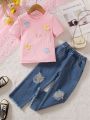 SHEIN Kids Cooltwn Little Girls' Flower Patch Decorated Short Sleeve T-Shirt And Ripped Jeans Two-Piece Set