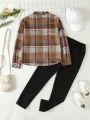 Teen Girls' Plaid Flip Pocket Shirt And Comfortable Casual Pants Two Piece Outfit