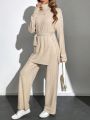 SHEIN Tall Two-Piece Set: High Neck Split Side Waist-Tie T-Shirt And Casual Pants