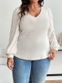 SHEIN Frenchy Plus Size V-Neck Lantern Sleeve T-Shirt