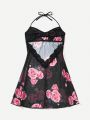 Women's Floral Printed Neck Hanging Strap Nightdress