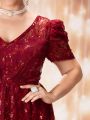 Plus Contrast Sequin Puff Sleeve Formal Dress