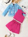 SHEIN Kids CHARMNG 3pcs/Set Little Girls' Denim-Look Ripped Printed Shirt With Button-Front Collar, Solid Color Elastic Strap Tank Top, Casual Waistband Shorts Outfit