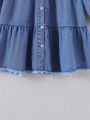 Young Girl Flap Pocket Raw Hem Denim Dress