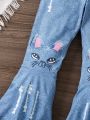 SHEIN Kids SUNSHNE Little Girls' Cartoon Printed Flared Pants Made Of Denim-Like Material