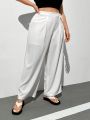 SHEIN Essnce Women's Plus Size White Long Pants With Belt, Wide Leg Pants For Spring And Summer