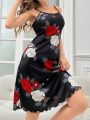Women's Fashionable And Comfortable Rose Patterned Camisole Sleepwear Nightgown With Ruffle Trim