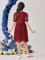 SHEIN Kids CHARMNG Tween Girls' Embroidered Butterfly Mesh Puff Sleeve Party Dress