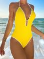 SHEIN Swim Vcay Women'S Color Block Monokini Swimsuit With Backless Design