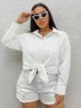 SHEIN EZwear Plus Solid Drop Shoulder Pocket Patched Shirt