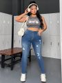 Women's Plus Size Button Front Distressed Denim Jeans