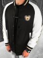 Men Bear Flocking Raglan Sleeve Varsity Jacket