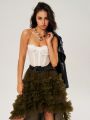 SHEIN BohoFeels Women's Vacation High-Low Multi-Layer Mesh Skirt With Ruffle Hem, No Belt