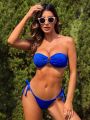 SHEIN Swim SXY Textured Bikini Set Ring Linked Bandeau Bra & Tie Side Cheeky Bottom 2 Piece Bathing Suit