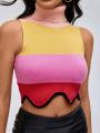 ISELACOS Color Block Scallop Trim Turtle Neck Crop Knit Top